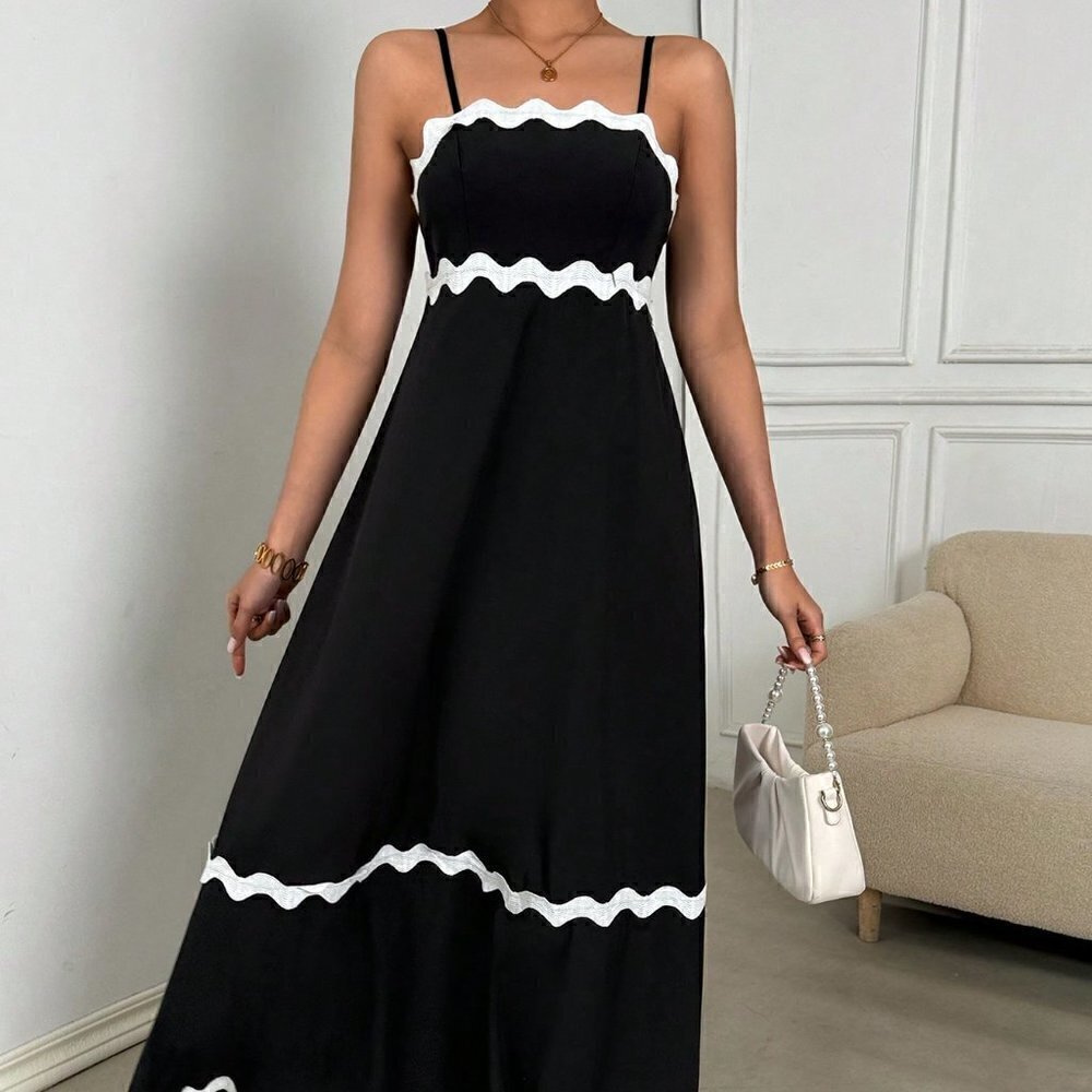 Black Boho Womens Color Block Woven Strap Splice Sleeveless Dress - Picture 3 of 5